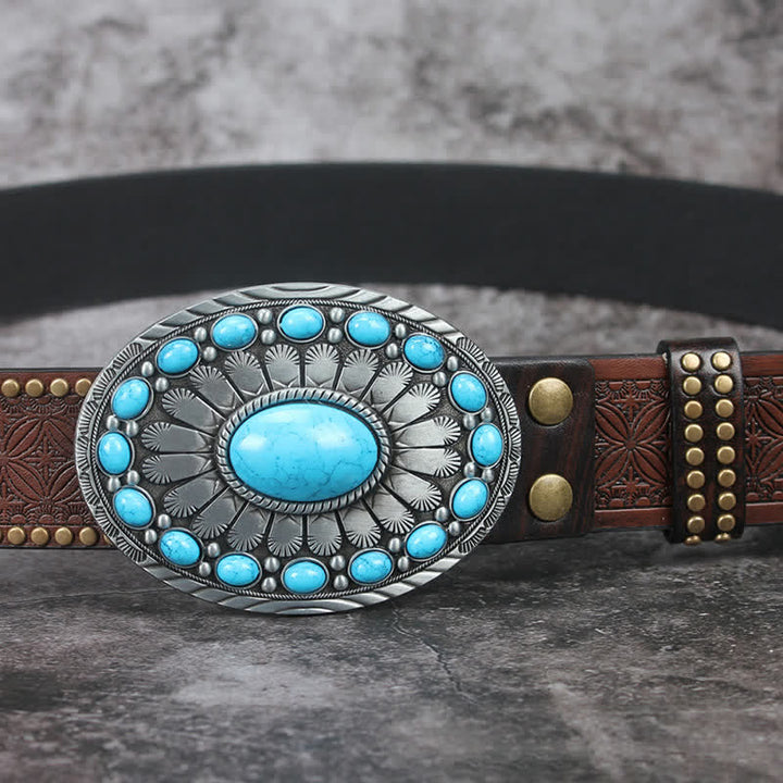 Cinturón de cuero con piedra turquesa estilo bohemio vintage para hombre