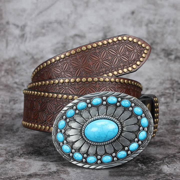 Cinturón de cuero con piedra turquesa estilo bohemio vintage para hombre