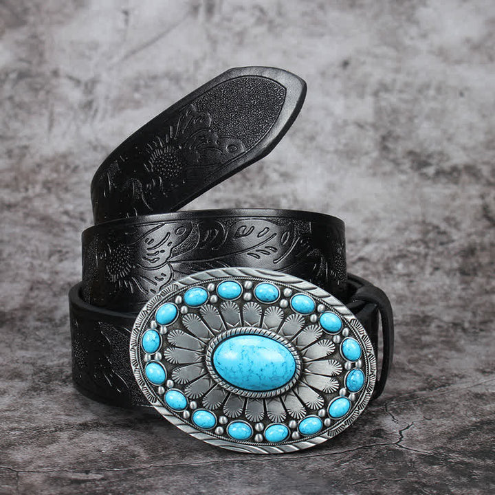 Cinturón de cuero con piedra turquesa estilo bohemio vintage para hombre
