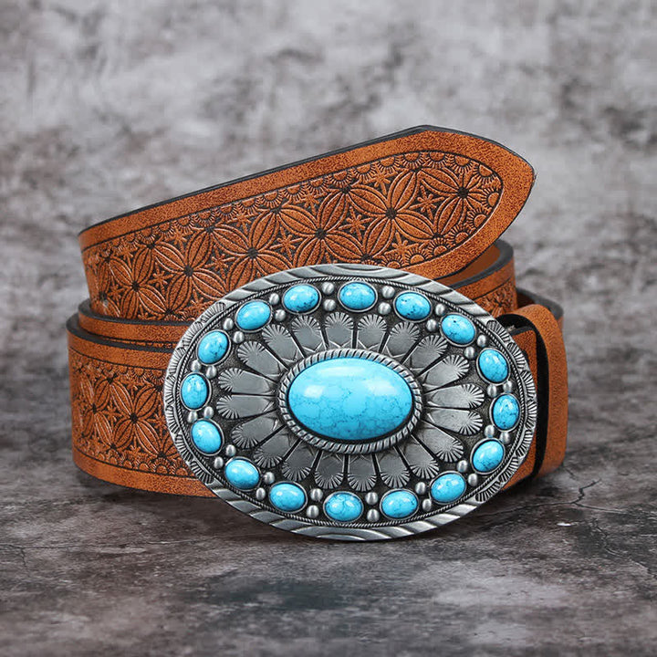 Cinturón de cuero con piedra turquesa estilo bohemio vintage para hombre