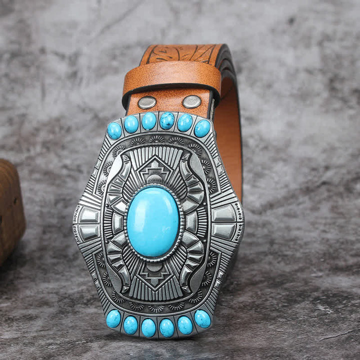 Cinturón de cuero con piedra turquesa estilo bohemio vintage para hombre