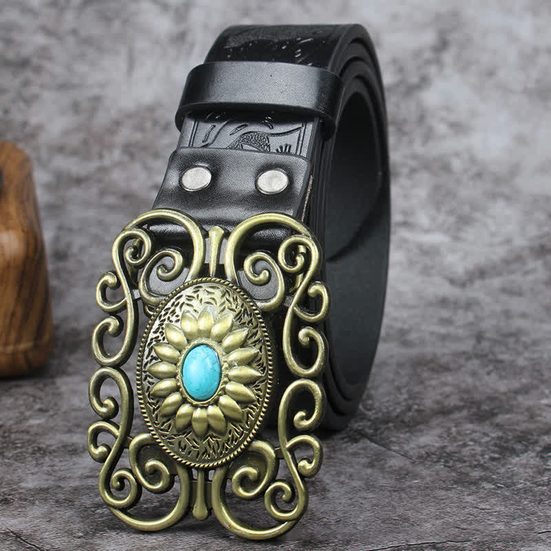 Cinturón de cuero con incrustaciones de turquesa y hebilla hueca para hombre
