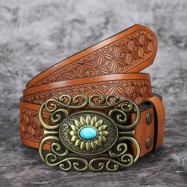 Cinturón de cuero con incrustaciones de turquesa y hebilla hueca para hombre