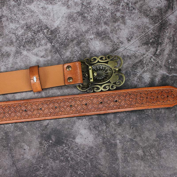 Cinturón de cuero con incrustaciones de turquesa y hebilla hueca para hombre