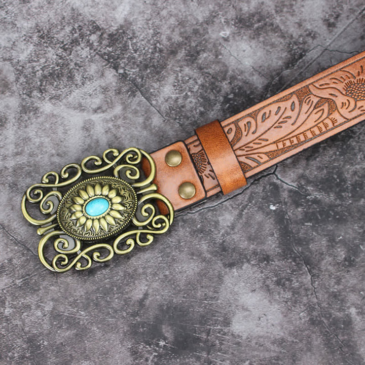 Cinturón de cuero con incrustaciones de turquesa y hebilla hueca para hombre