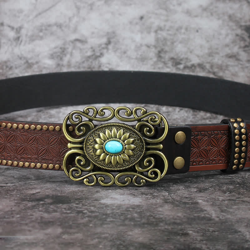 Cinturón de cuero con incrustaciones de turquesa y hebilla hueca para hombre