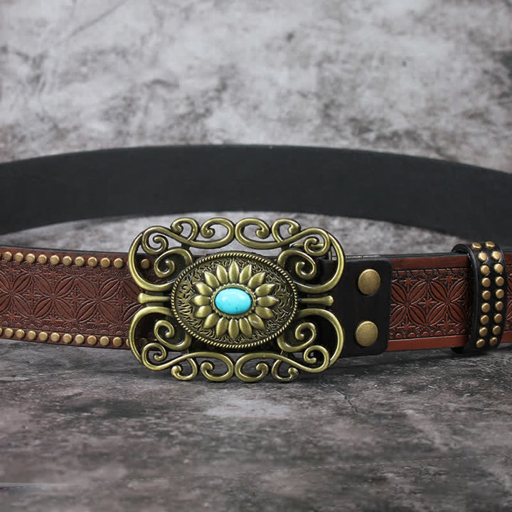 Cinturón de cuero con incrustaciones de turquesa y hebilla hueca para hombre