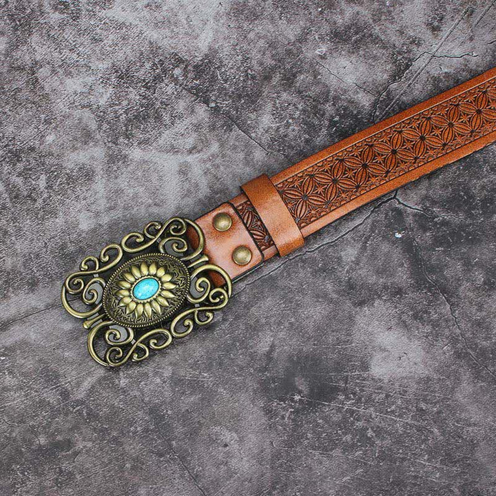 Cinturón de cuero con incrustaciones de turquesa y hebilla hueca para hombre