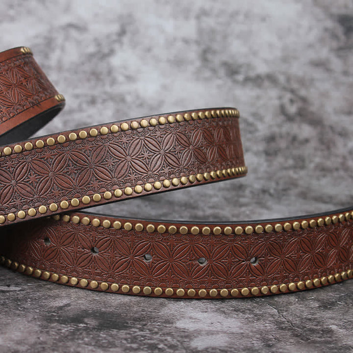 Cinturón de cuero con incrustaciones de turquesa y hebilla hueca para hombre