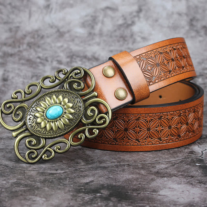 Cinturón de cuero con incrustaciones de turquesa y hebilla hueca para hombre