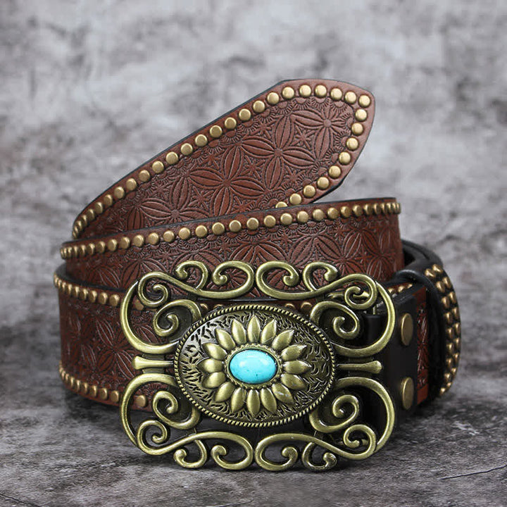 Cinturón de cuero con incrustaciones de turquesa y hebilla hueca para hombre