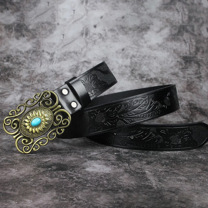 Cinturón de cuero con incrustaciones de turquesa y hebilla hueca para hombre