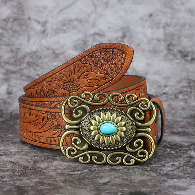 Cinturón de cuero con incrustaciones de turquesa y hebilla hueca para hombre