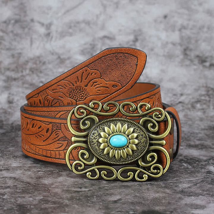 Cinturón de cuero con incrustaciones de turquesa y hebilla hueca para hombre