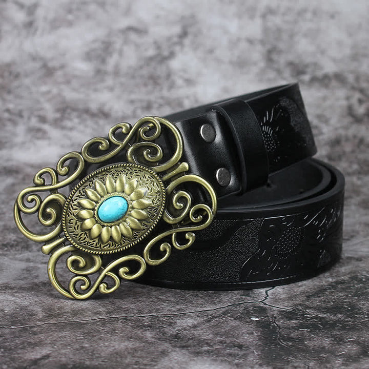 Cinturón de cuero con incrustaciones de turquesa y hebilla hueca para hombre