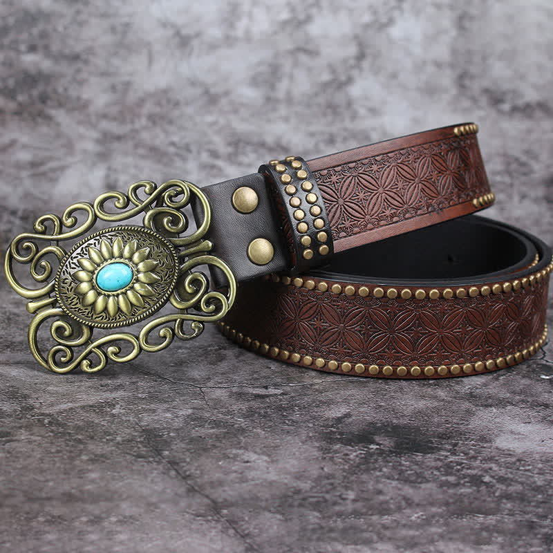 Cinturón de cuero con incrustaciones de turquesa y hebilla hueca para hombre