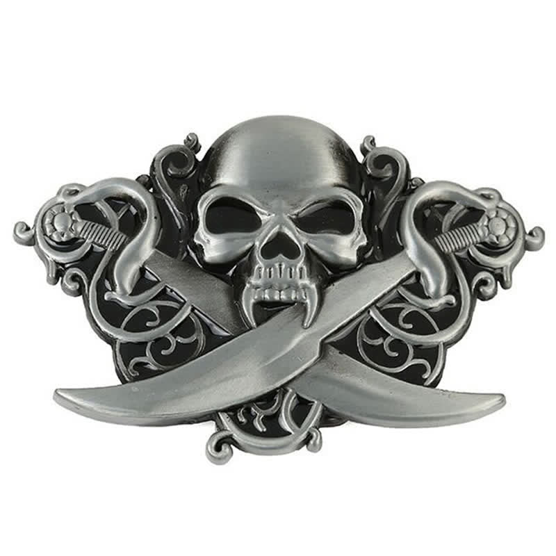 Cinturón de cuero con hebilla de calavera y fantasma con espadas dobles para hombre hecho a mano