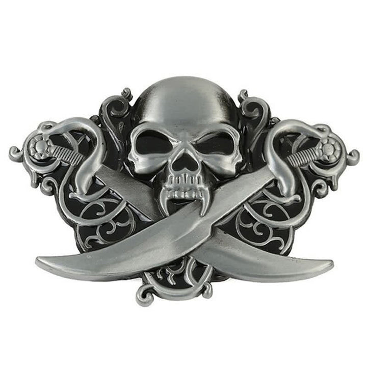 Cinturón de cuero con hebilla de calavera y fantasma con espadas dobles para hombre hecho a mano