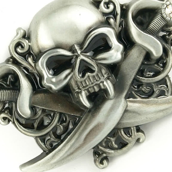 Cinturón de cuero con hebilla de calavera y fantasma con espadas dobles para hombre hecho a mano
