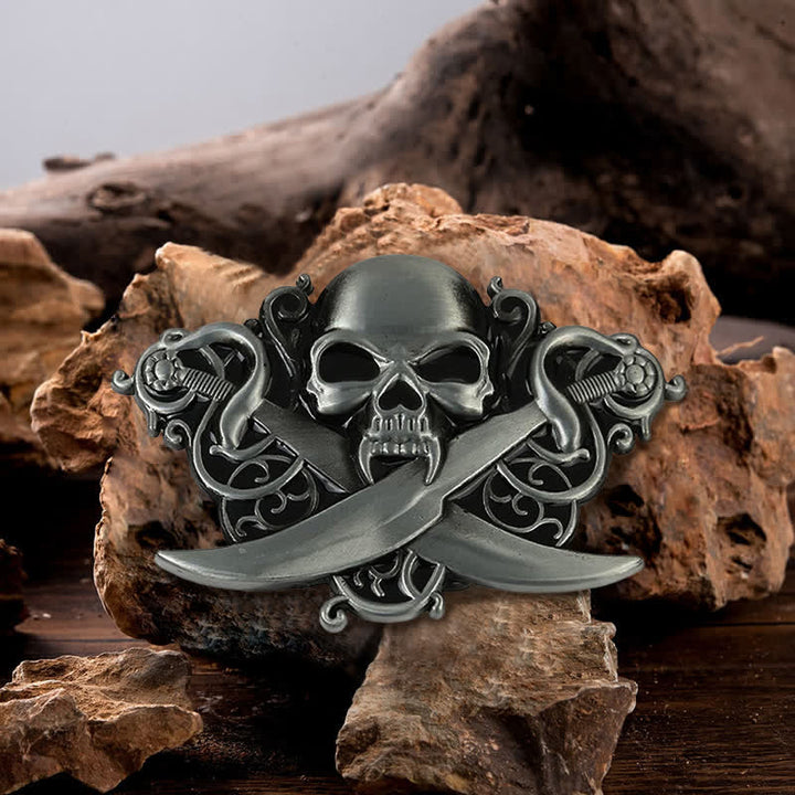 Cinturón de cuero con hebilla de calavera y fantasma con espadas dobles para hombre hecho a mano