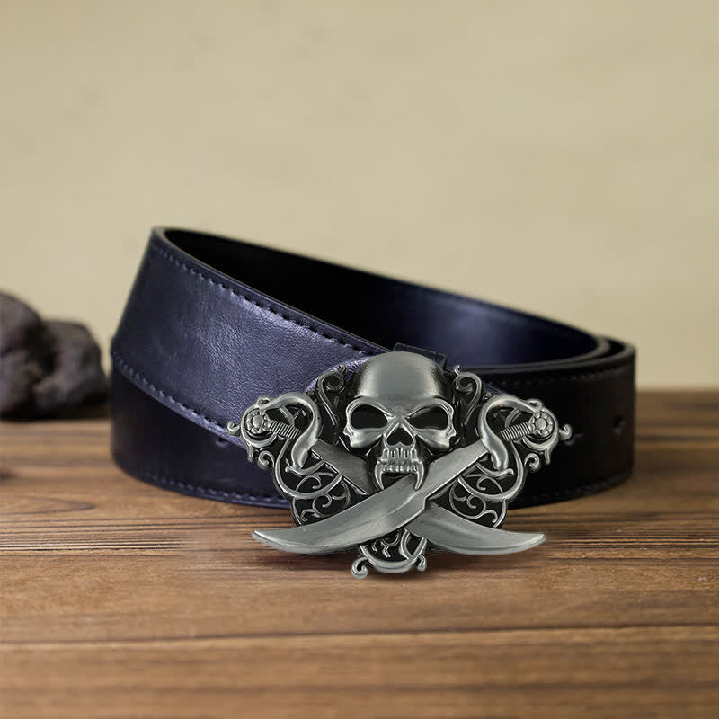 Cinturón de cuero con hebilla de calavera y fantasma con espadas dobles para hombre hecho a mano