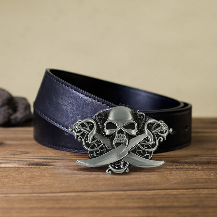 Cinturón de cuero con hebilla de calavera y fantasma con espadas dobles para hombre hecho a mano
