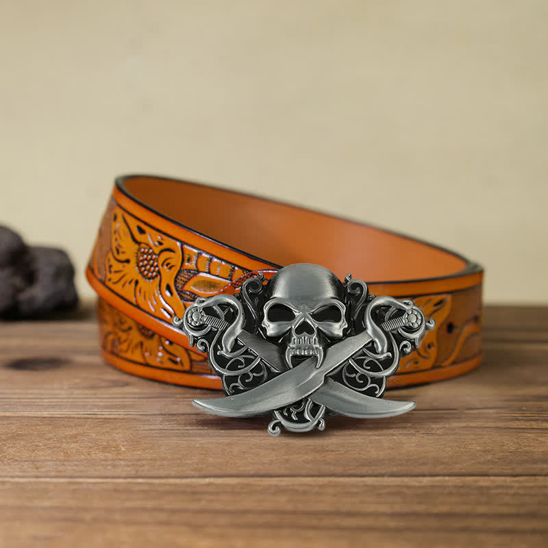 Cinturón de cuero con hebilla de calavera y fantasma con espadas dobles para hombre hecho a mano