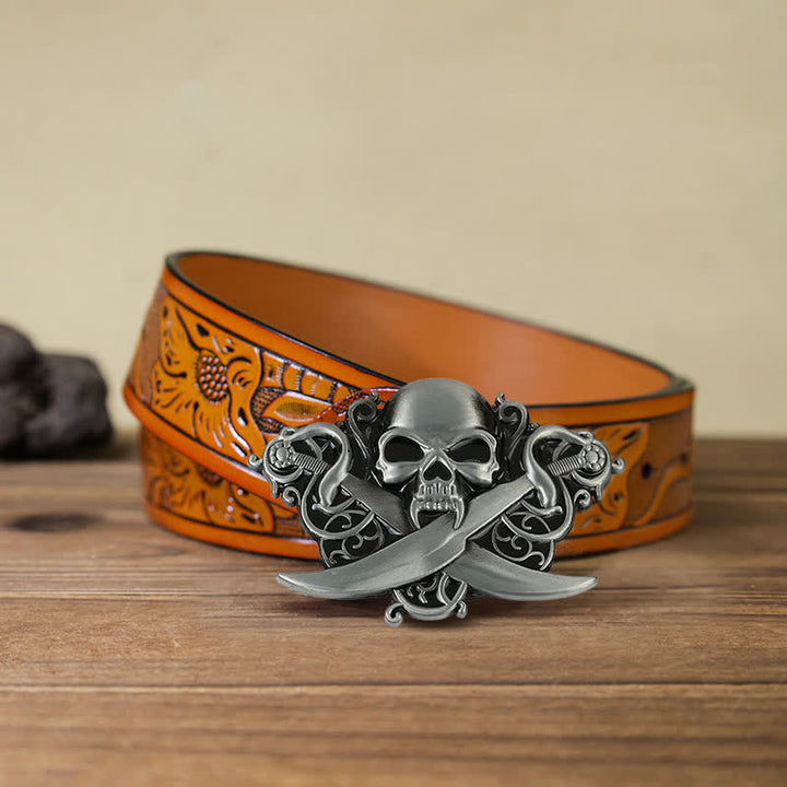 Cinturón de cuero con hebilla de calavera y fantasma con espadas dobles para hombre hecho a mano