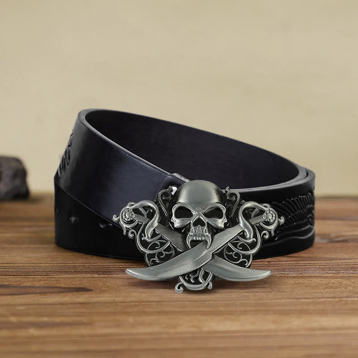 Cinturón de cuero con hebilla de calavera y fantasma con espadas dobles para hombre hecho a mano