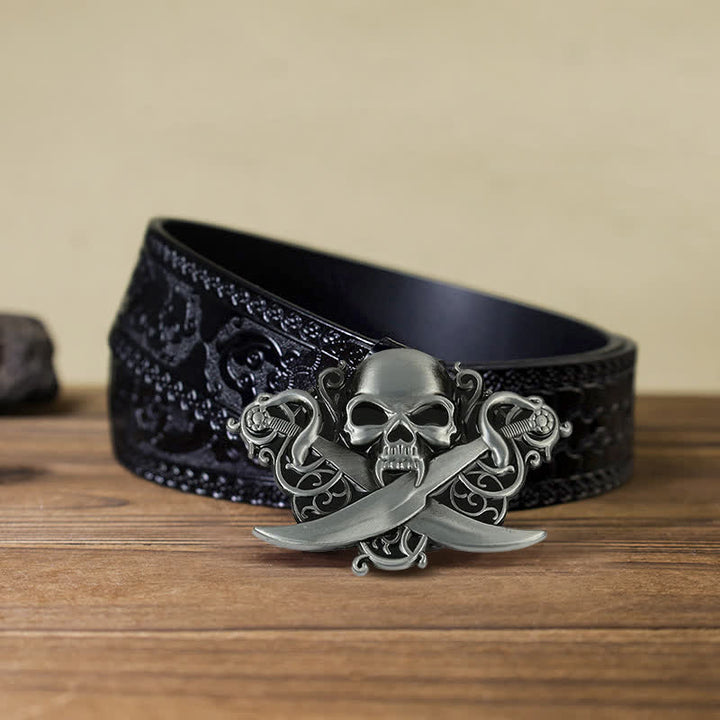 Cinturón de cuero con hebilla de calavera y fantasma con espadas dobles para hombre hecho a mano