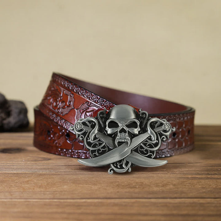 Cinturón de cuero con hebilla de calavera y fantasma con espadas dobles para hombre hecho a mano