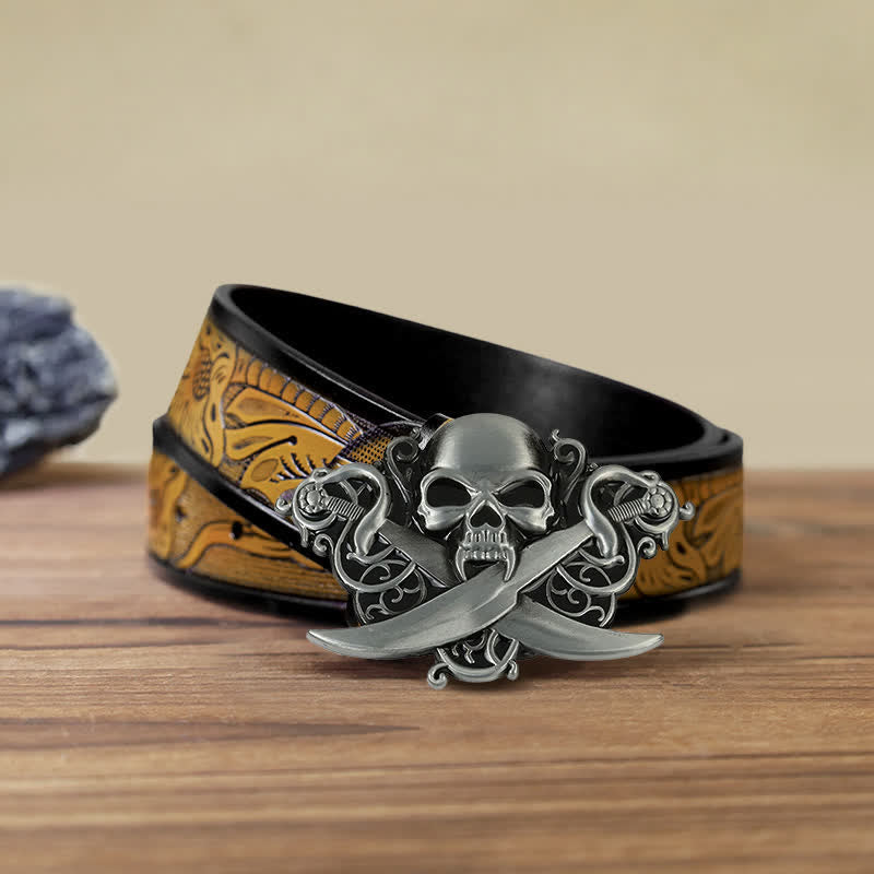 Cinturón de cuero con hebilla de calavera y fantasma con espadas dobles para hombre hecho a mano
