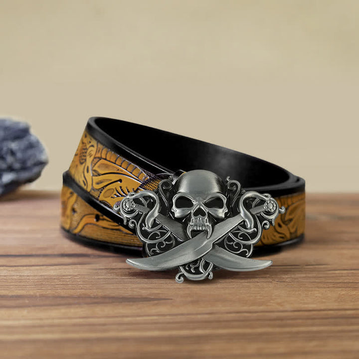 Cinturón de cuero con hebilla de calavera y fantasma con espadas dobles para hombre hecho a mano