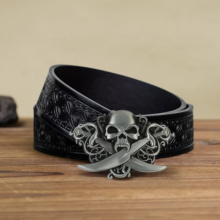 Cinturón de cuero con hebilla de calavera y fantasma con espadas dobles para hombre hecho a mano