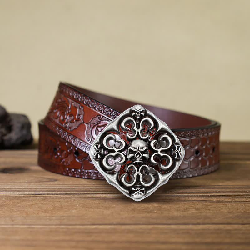 Cinturón de cuero con hebilla de calavera hueca para hombre, hecho a mano