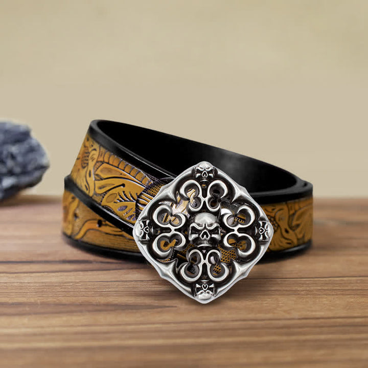 Cinturón de cuero con hebilla de calavera hueca para hombre, hecho a mano