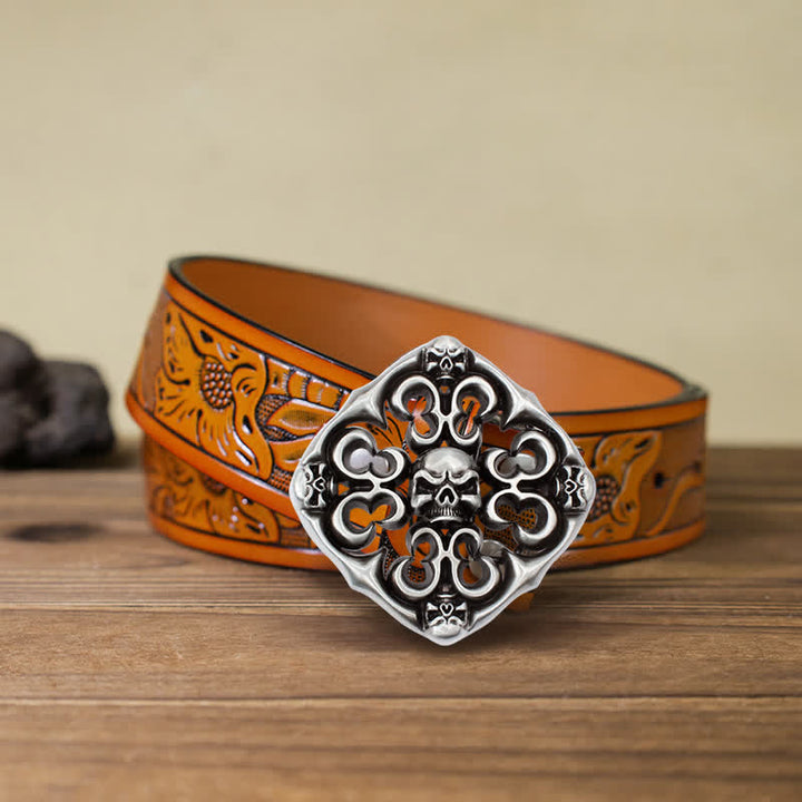 Cinturón de cuero con hebilla de calavera hueca para hombre, hecho a mano