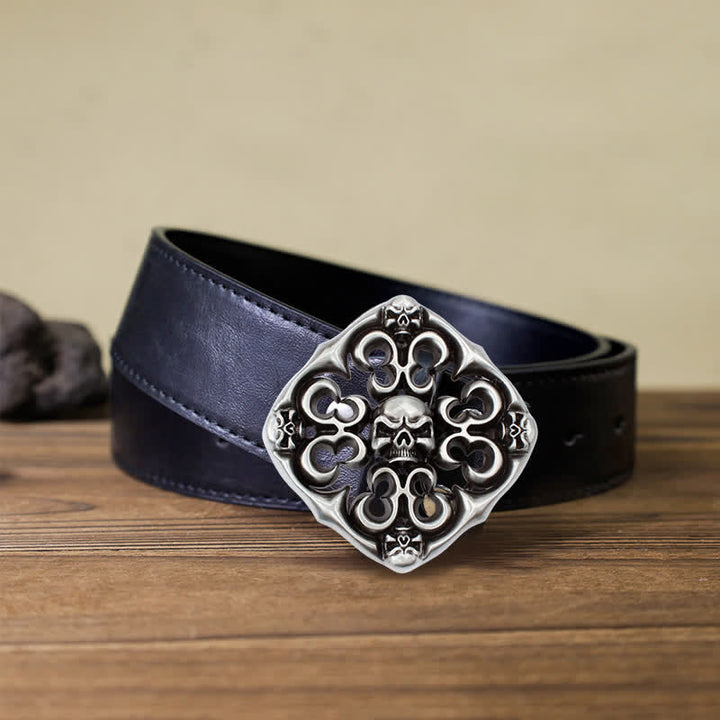 Cinturón de cuero con hebilla de calavera hueca para hombre, hecho a mano