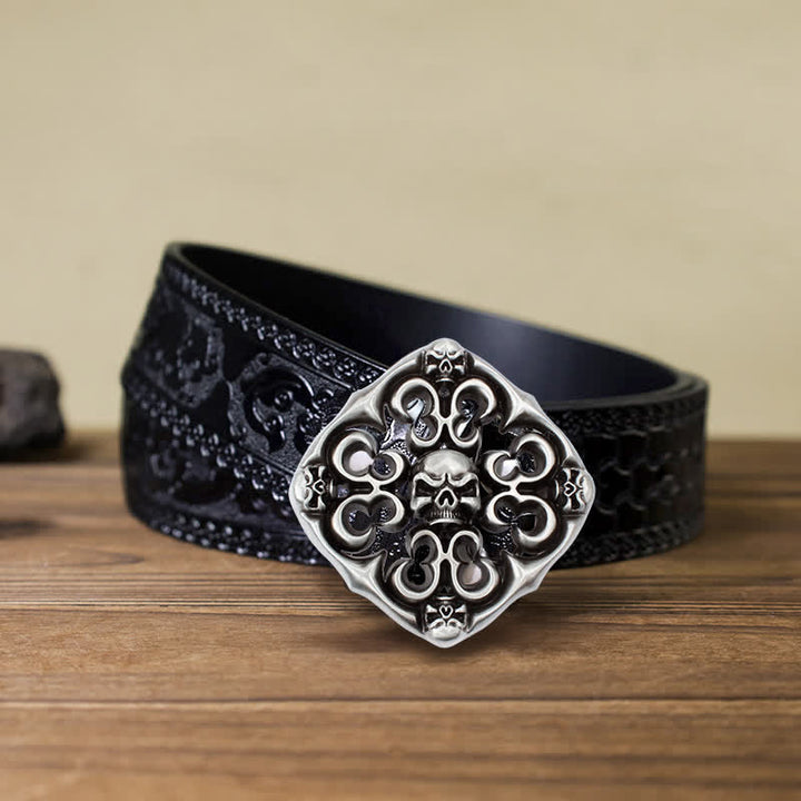 Cinturón de cuero con hebilla de calavera hueca para hombre, hecho a mano