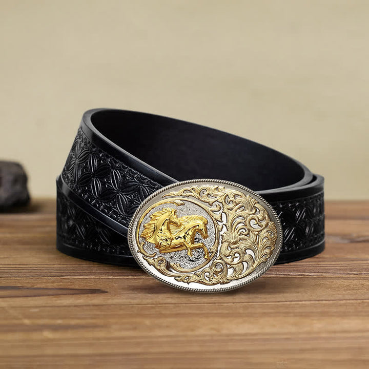 Cinturón de cuero con hebilla de cabeza de caballo dorada de lujo para hombre hecho a mano