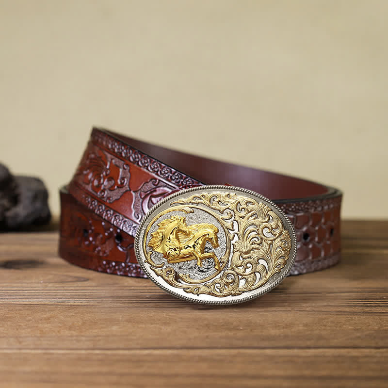 Cinturón de cuero con hebilla de cabeza de caballo dorada de lujo para hombre hecho a mano