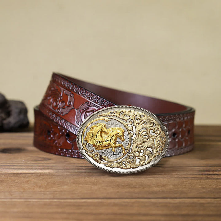 Cinturón de cuero con hebilla de cabeza de caballo dorada de lujo para hombre hecho a mano