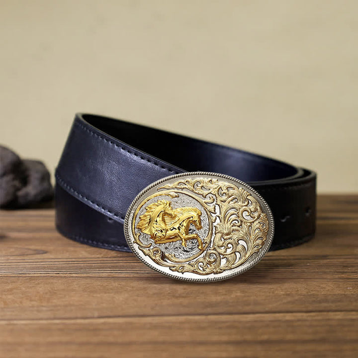 Cinturón de cuero con hebilla de cabeza de caballo dorada de lujo para hombre hecho a mano