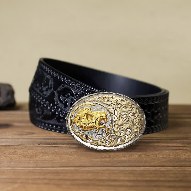 Cinturón de cuero con hebilla de cabeza de caballo dorada de lujo para hombre hecho a mano