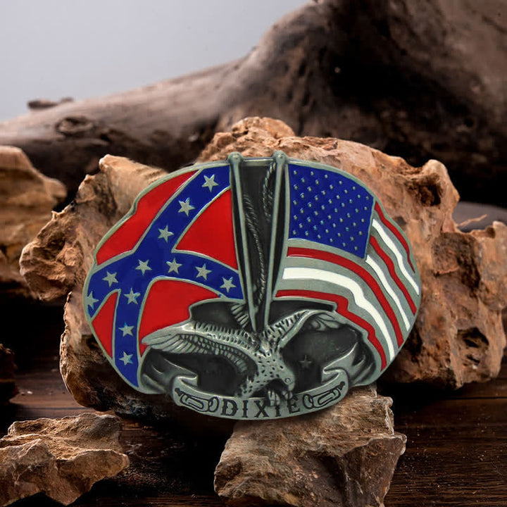 Cinturón de cuero con hebilla Dixie y doble bandera de águila para hombre, hecho a mano