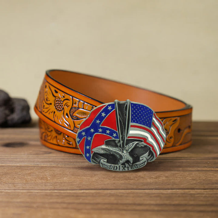 Cinturón de cuero con hebilla Dixie y doble bandera de águila para hombre, hecho a mano