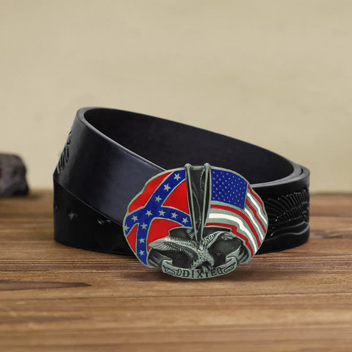 Cinturón de cuero con hebilla Dixie y doble bandera de águila para hombre, hecho a mano