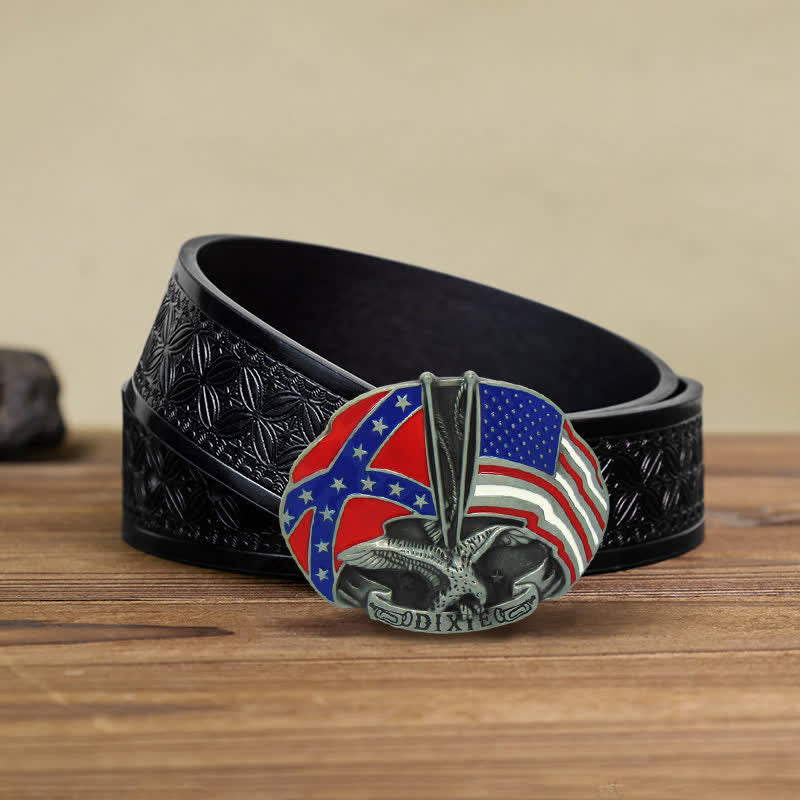 Cinturón de cuero con hebilla Dixie y doble bandera de águila para hombre, hecho a mano