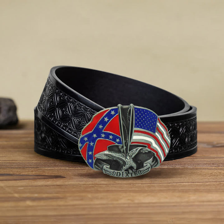 Cinturón de cuero con hebilla Dixie y doble bandera de águila para hombre, hecho a mano