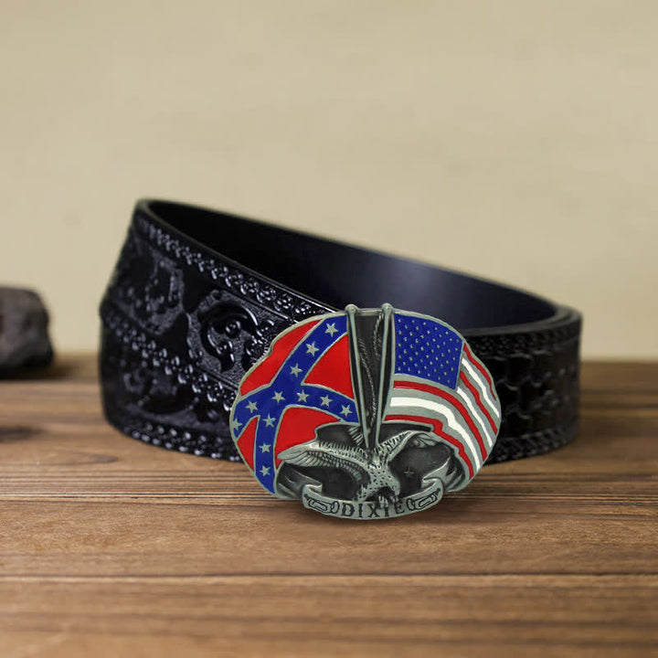 Cinturón de cuero con hebilla Dixie y doble bandera de águila para hombre, hecho a mano